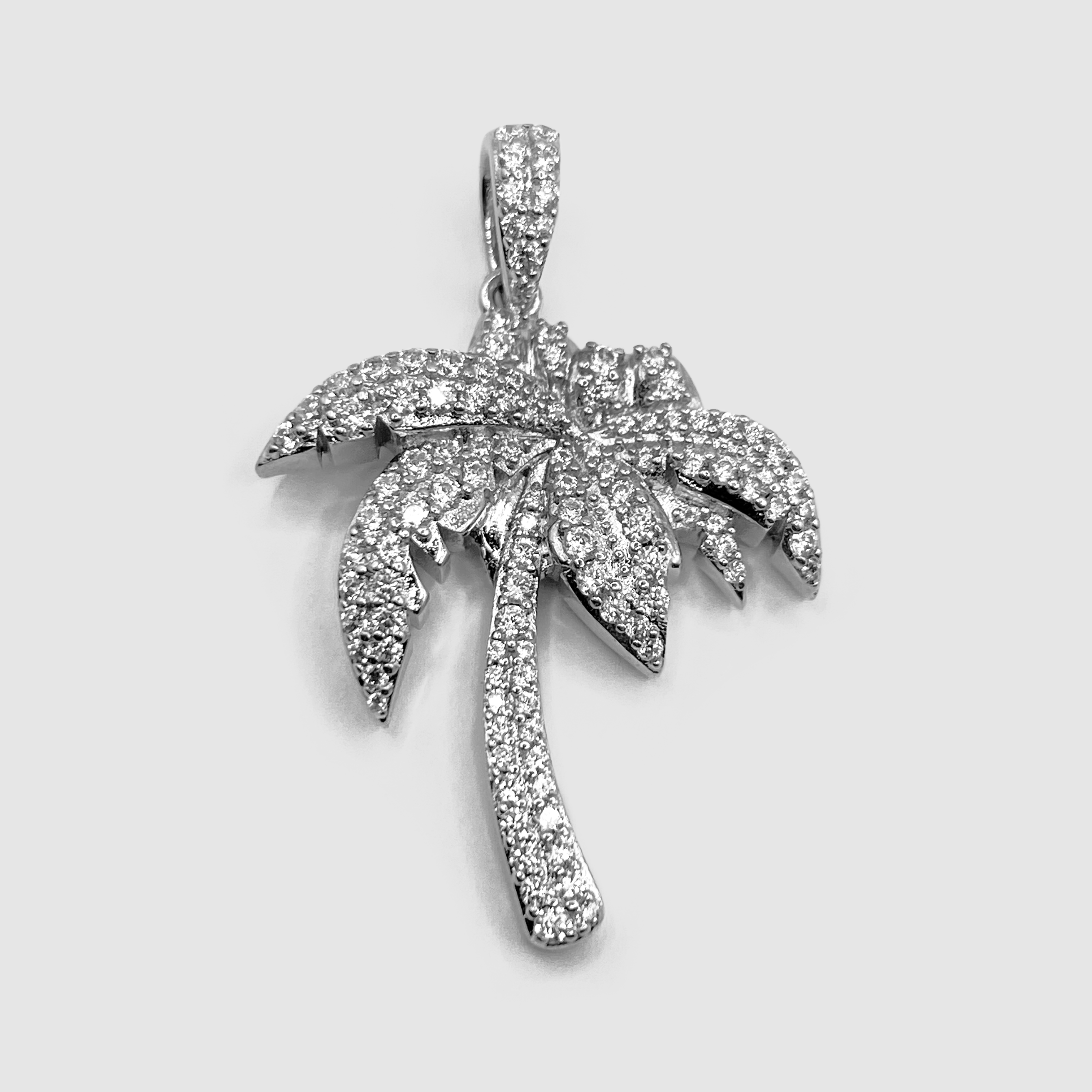 Silver Iced Out Palm Tree Pendant Necklace