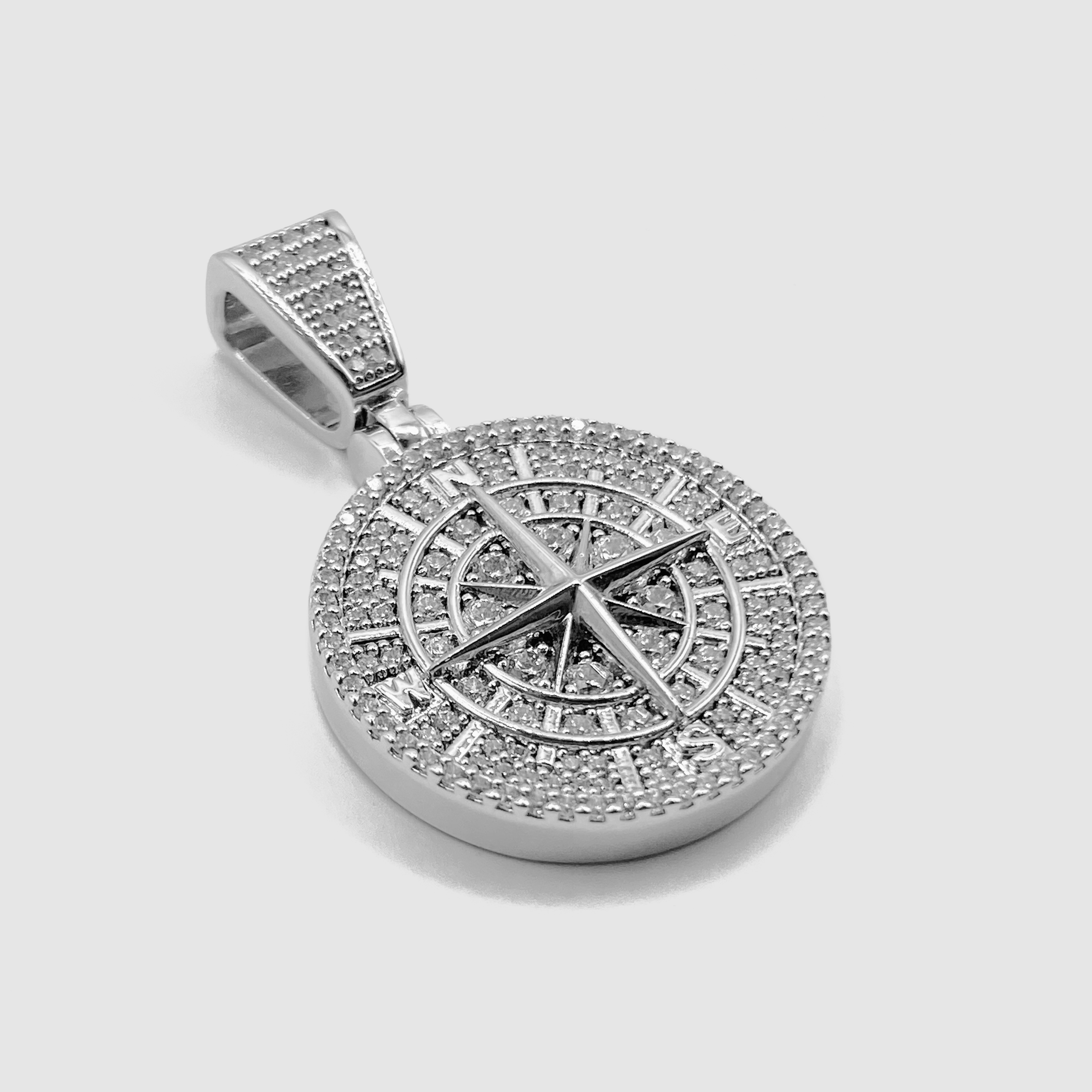 Silver Iced Compass Necklace Pendant