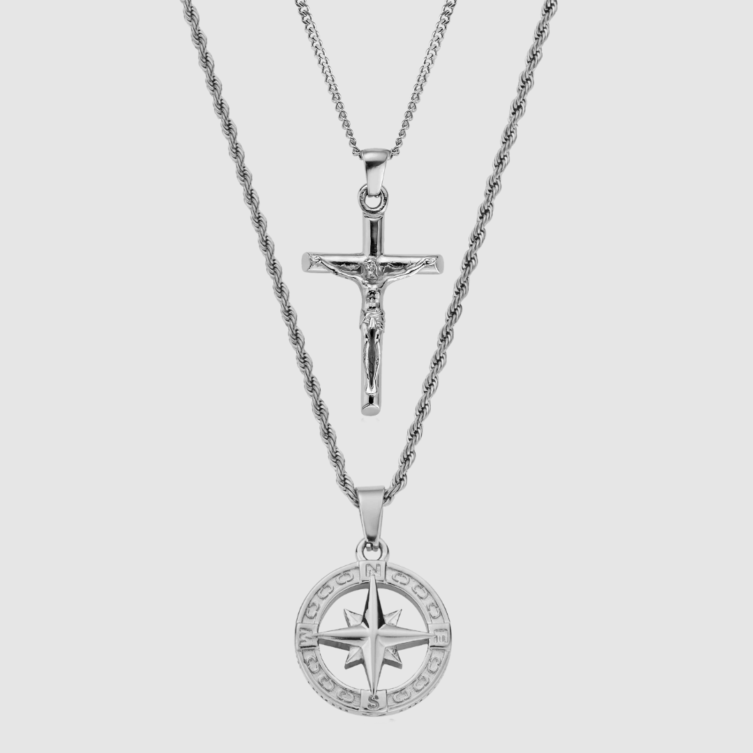 Men's Silver North Star x Crucifix Set Pendant Necklace