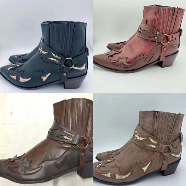 2022 Men's Vintage Cowboy Boots Leather High Top Chain Buckle Strap Punk Shoes Pointed Toe Biker Boots Men's Fashion