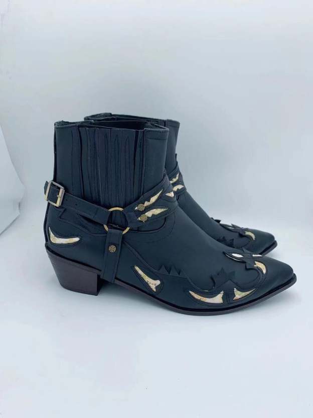 2022 Men's Vintage Cowboy Boots Leather High Top Chain Buckle Strap Punk Shoes Pointed Toe Biker Boots Men's Fashion