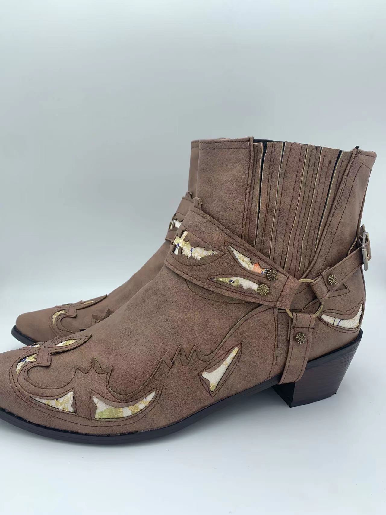 2022 Men's Vintage Cowboy Boots Leather High Top Chain Buckle Strap Punk Shoes Pointed Toe Biker Boots Men's Fashion
