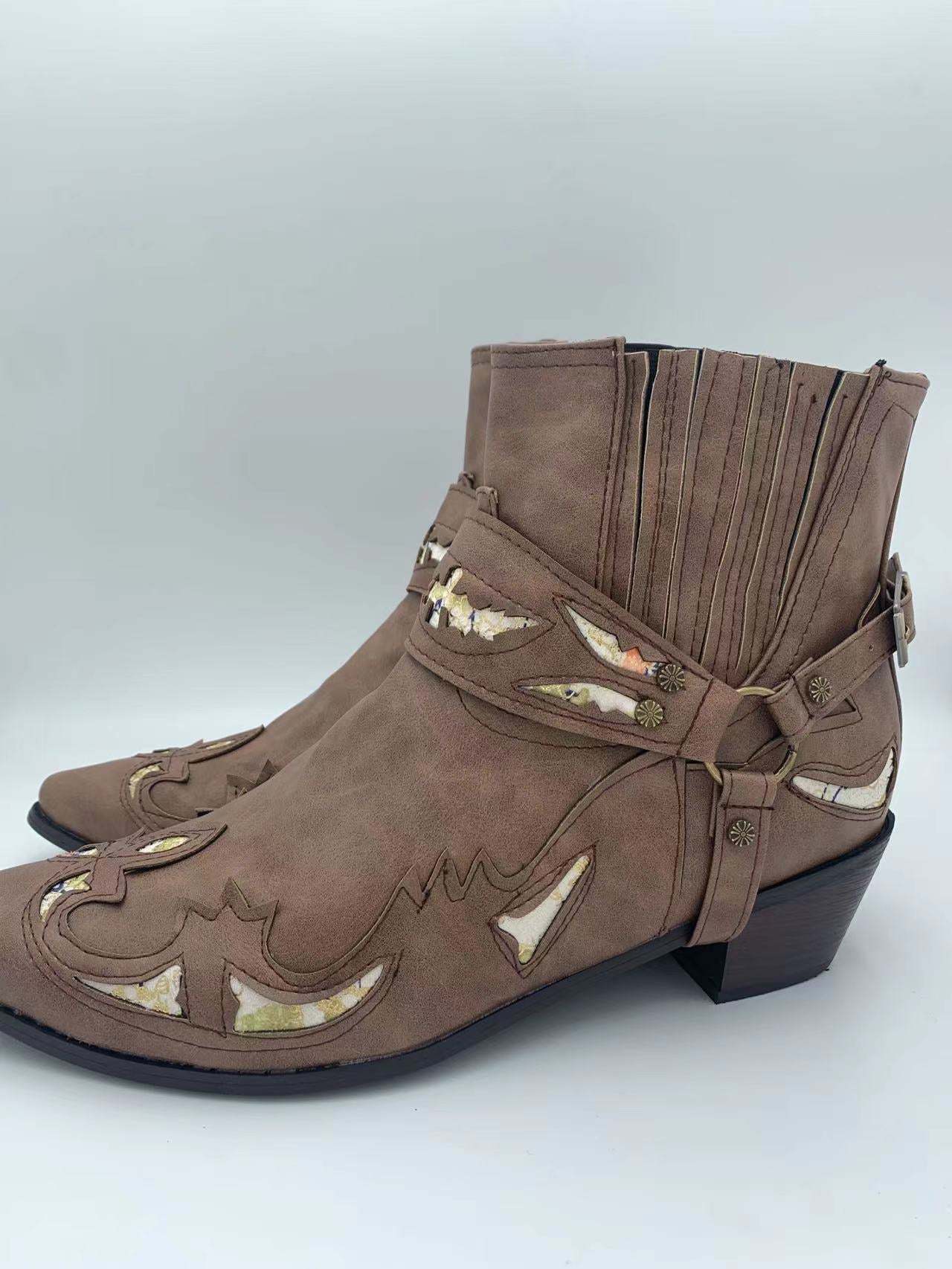 2022 Men's Vintage Cowboy Boots Leather High Top Chain Buckle Strap Punk Shoes Pointed Toe Biker Boots Men's Fashion