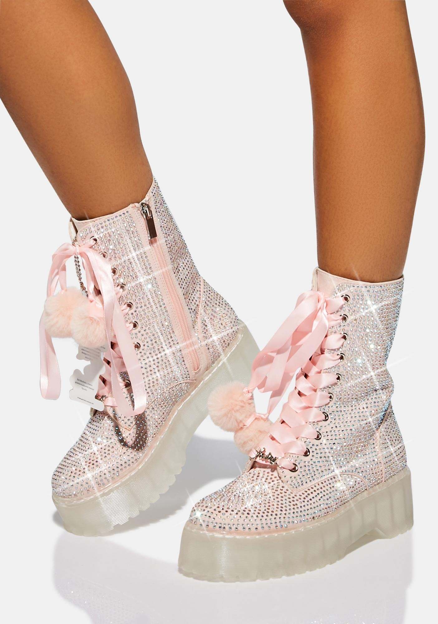 PINK RHINESTONE COMBAT BOOTS-annaxin