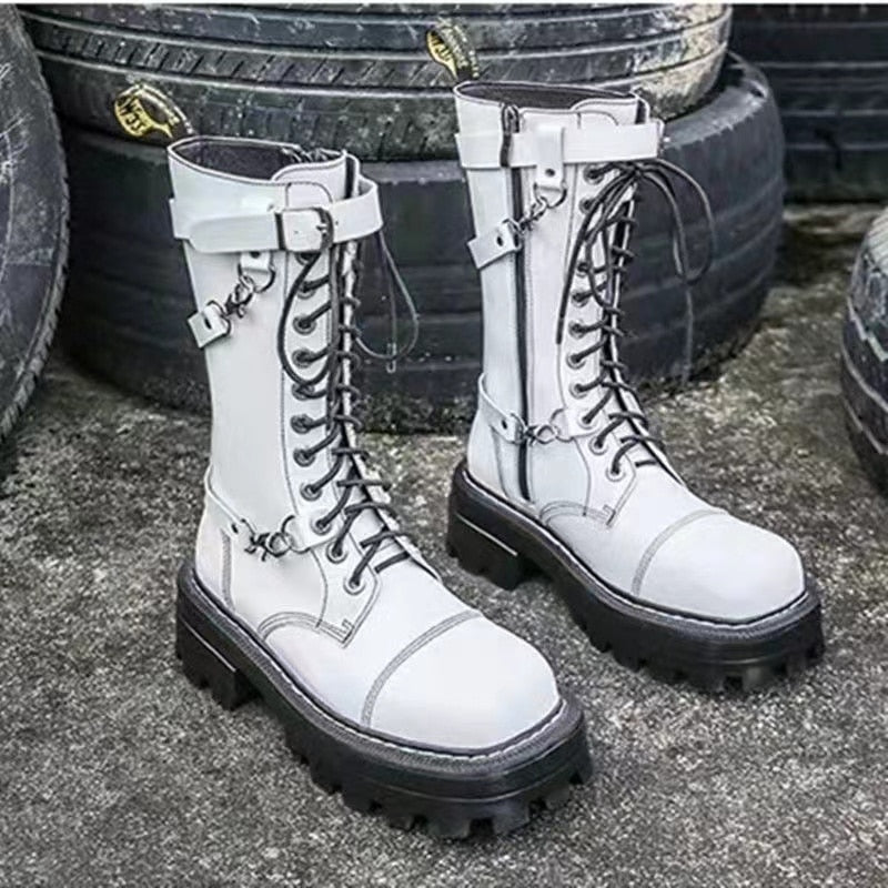 Apanzu New Sexy Lacing Women Leather Autumn Boots Block Heel Gothic Black Punk Style Platform Shoes Female Footwear High Quality