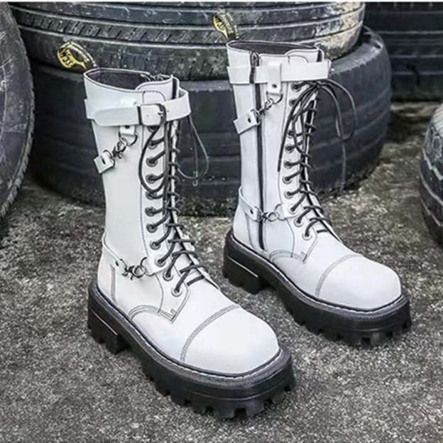 Apanzu New Sexy Lacing Women Leather Autumn Boots Block Heel Gothic Black Punk Style Platform Shoes Female Footwear High Quality