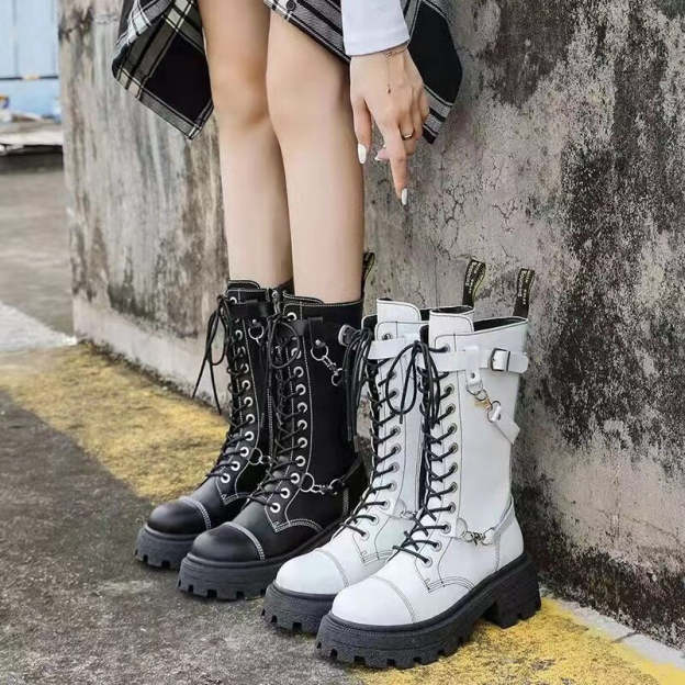Apanzu New Sexy Lacing Women Leather Autumn Boots Block Heel Gothic Black Punk Style Platform Shoes Female Footwear High Quality