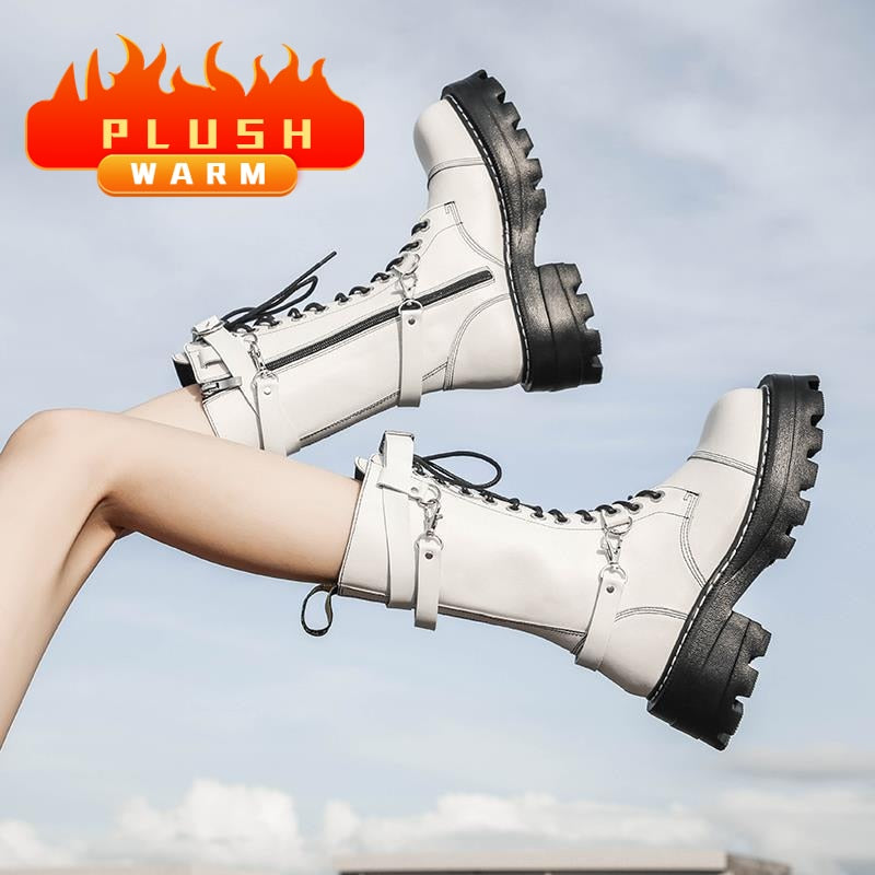 Apanzu New Sexy Lacing Women Leather Autumn Boots Block Heel Gothic Black Punk Style Platform Shoes Female Footwear High Quality