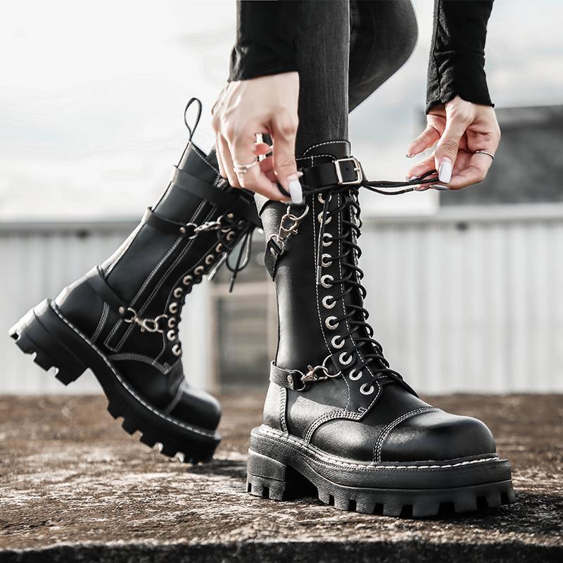 Apanzu New Sexy Lacing Women Leather Autumn Boots Block Heel Gothic Black Punk Style Platform Shoes Female Footwear High Quality