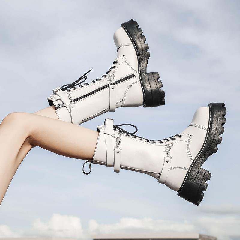 Apanzu New Sexy Lacing Women Leather Autumn Boots Block Heel Gothic Black Punk Style Platform Shoes Female Footwear High Quality