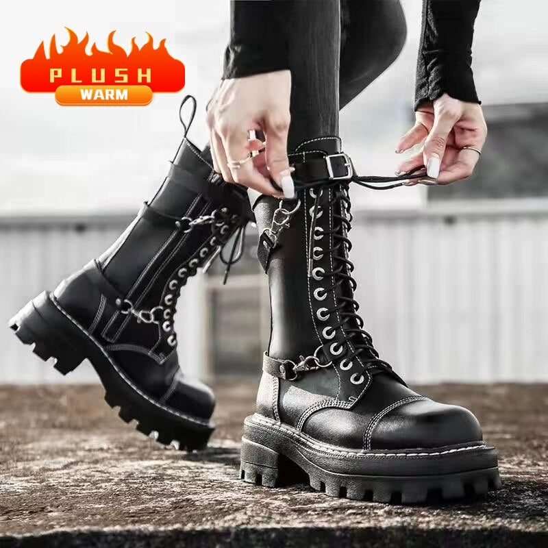 Apanzu New Sexy Lacing Women Leather Autumn Boots Block Heel Gothic Black Punk Style Platform Shoes Female Footwear High Quality