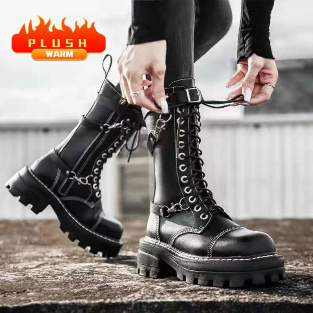 Apanzu New Sexy Lacing Women Leather Autumn Boots Block Heel Gothic Black Punk Style Platform Shoes Female Footwear High Quality