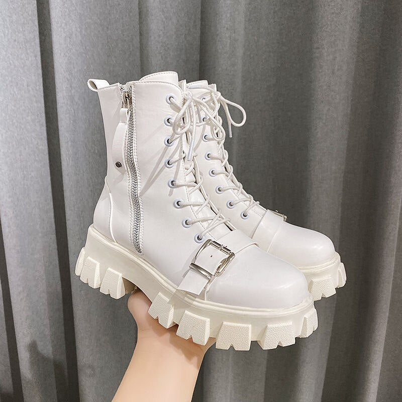 Apanzu New Sexy Lacing Women Leather Autumn Boots Block Heel Gothic Black Punk Style Platform Shoes Female Footwear High Quality