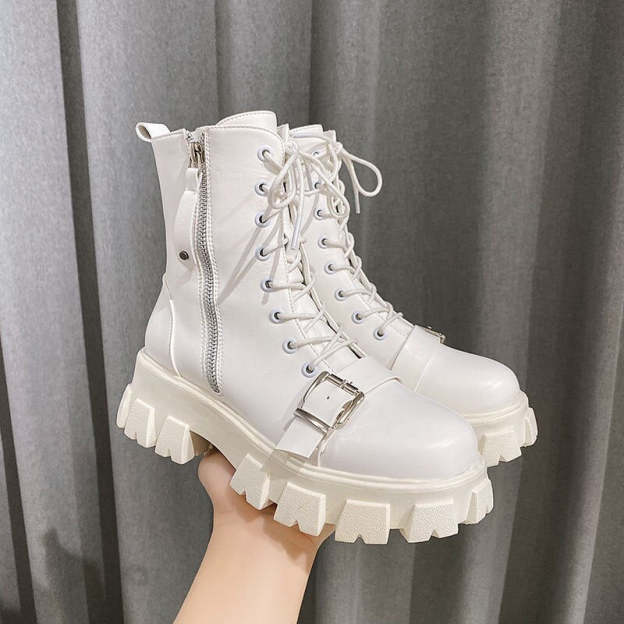 Apanzu New Sexy Lacing Women Leather Autumn Boots Block Heel Gothic Black Punk Style Platform Shoes Female Footwear High Quality