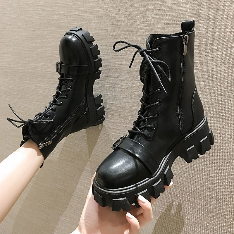 Apanzu New Sexy Lacing Women Leather Autumn Boots Block Heel Gothic Black Punk Style Platform Shoes Female Footwear High Quality