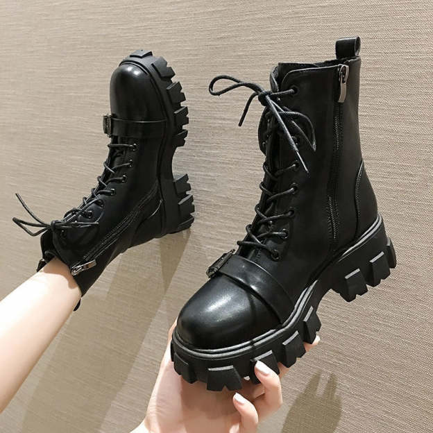 Apanzu New Sexy Lacing Women Leather Autumn Boots Block Heel Gothic Black Punk Style Platform Shoes Female Footwear High Quality