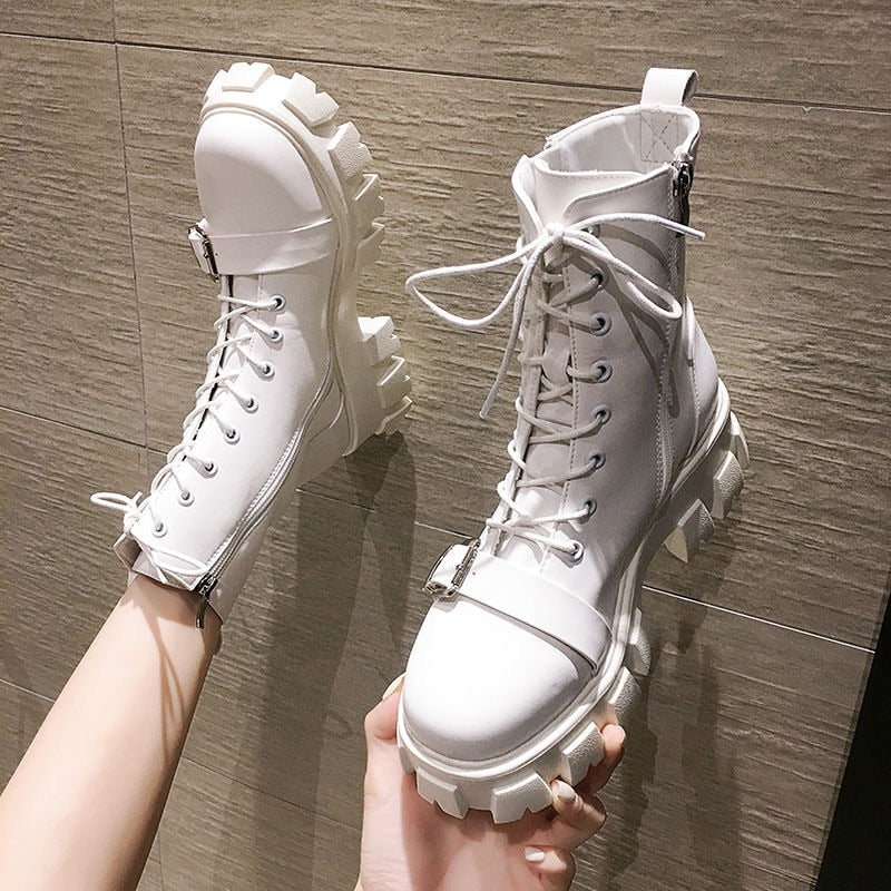 Apanzu New Sexy Lacing Women Leather Autumn Boots Block Heel Gothic Black Punk Style Platform Shoes Female Footwear High Quality