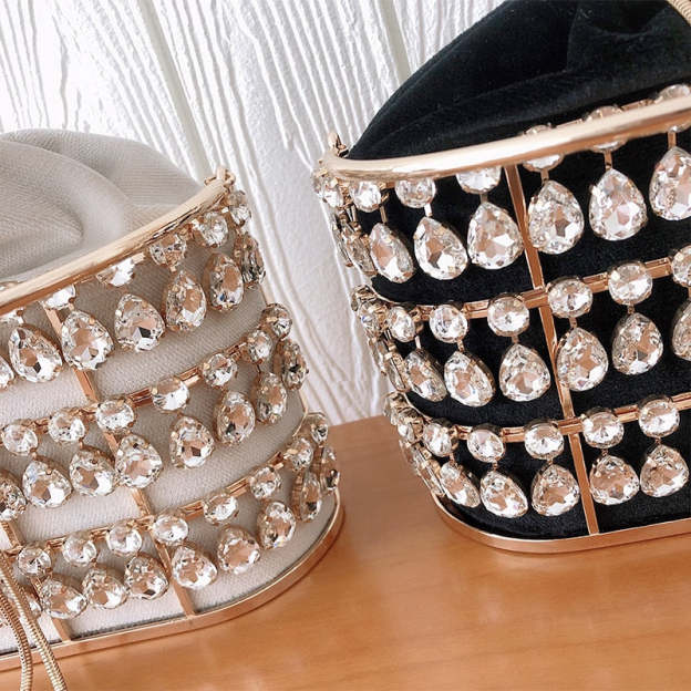 Black & Apricot Silver Diamond Metal Basket Ladies Party Dinner Bag Handbag Crossbody Bag Women Shoulder Chain Purse Tote Bag
