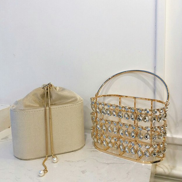 Black & Apricot Silver Diamond Metal Basket Ladies Party Dinner Bag Handbag Crossbody Bag Women Shoulder Chain Purse Tote Bag