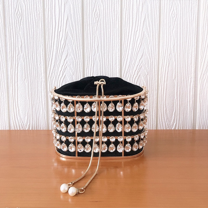 Black & Apricot Silver Diamond Metal Basket Ladies Party Dinner Bag Handbag Crossbody Bag Women Shoulder Chain Purse Tote Bag