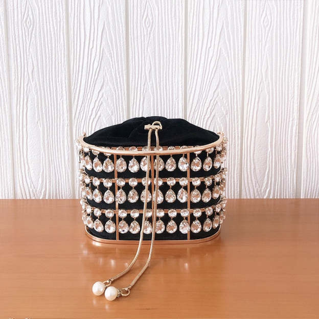 Black & Apricot Silver Diamond Metal Basket Ladies Party Dinner Bag Handbag Crossbody Bag Women Shoulder Chain Purse Tote Bag