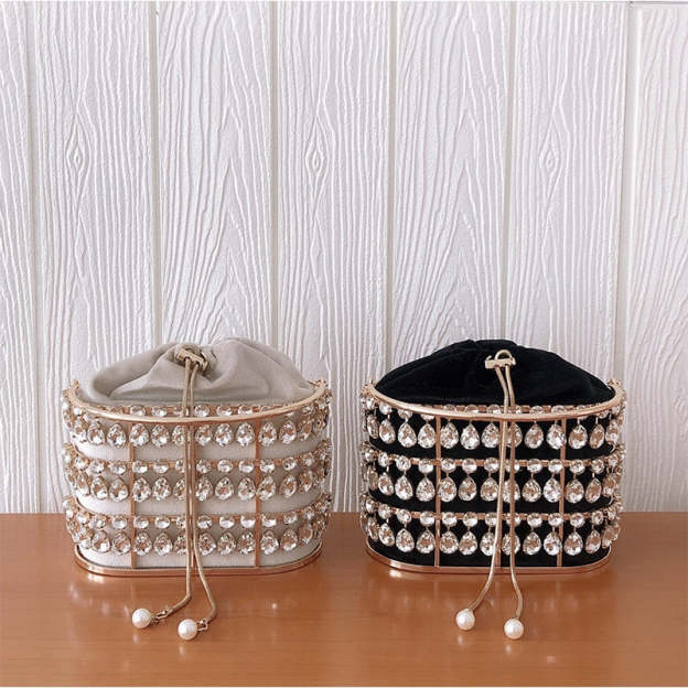 Black & Apricot Silver Diamond Metal Basket Ladies Party Dinner Bag Handbag Crossbody Bag Women Shoulder Chain Purse Tote Bag