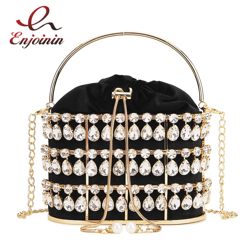 Black & Apricot Silver Diamond Metal Basket Ladies Party Dinner Bag Handbag Crossbody Bag Women Shoulder Chain Purse Tote Bag