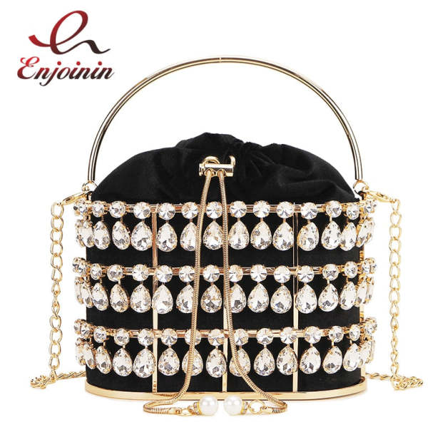 Black & Apricot Silver Diamond Metal Basket Ladies Party Dinner Bag Handbag Crossbody Bag Women Shoulder Chain Purse Tote Bag