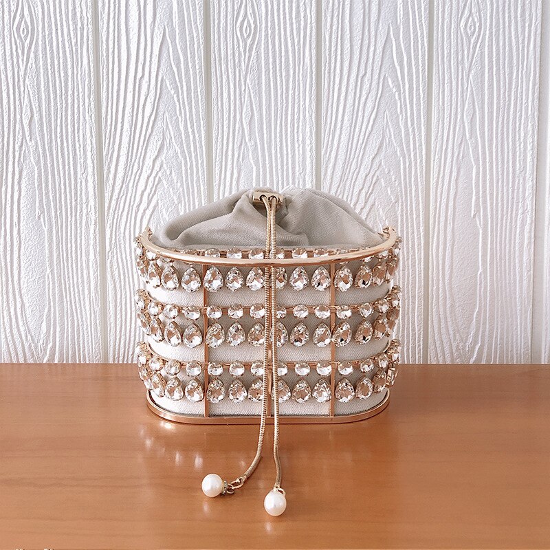 Black & Apricot Silver Diamond Metal Basket Ladies Party Dinner Bag Handbag Crossbody Bag Women Shoulder Chain Purse Tote Bag