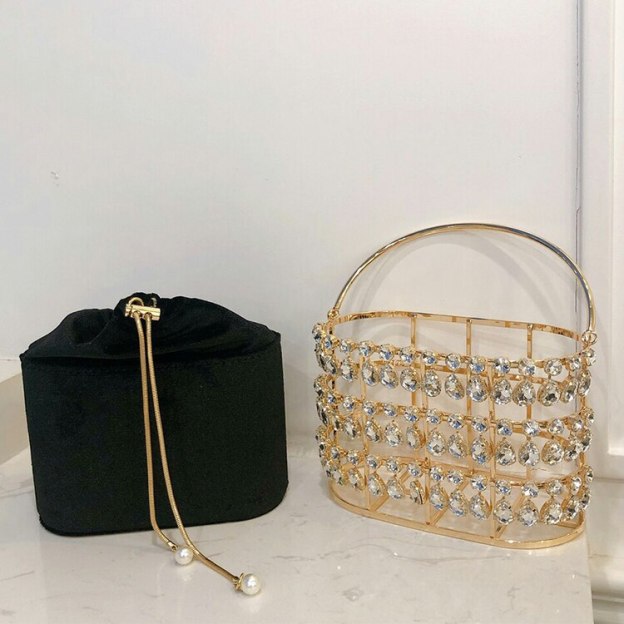 Black & Apricot Silver Diamond Metal Basket Ladies Party Dinner Bag Handbag Crossbody Bag Women Shoulder Chain Purse Tote Bag