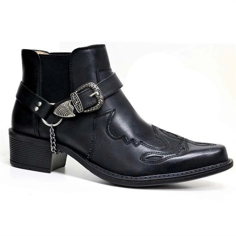 Fashion 2022 Men's Vintage Cowboy Boots Leather High Top Chain Buckle Strap Punk Shoes Pointed Toe Biker Boots Men