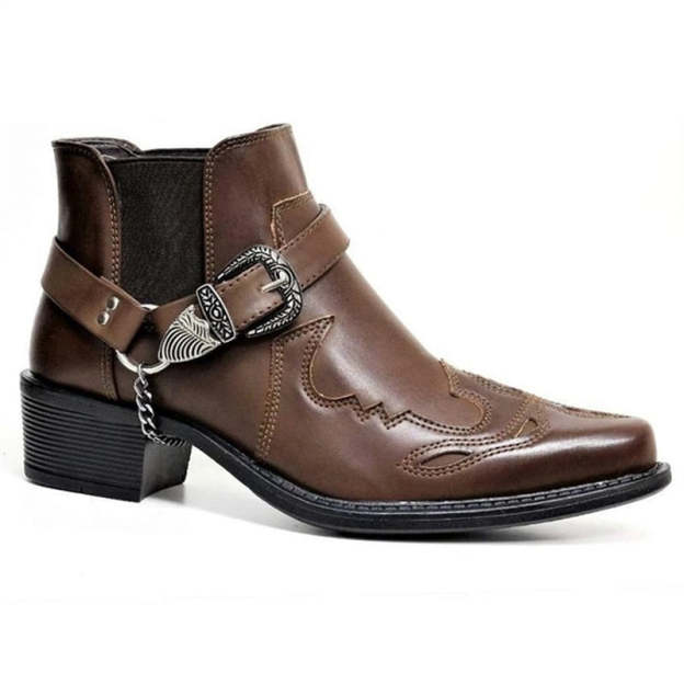 Fashion 2022 Men's Vintage Cowboy Boots Leather High Top Chain Buckle Strap Punk Shoes Pointed Toe Biker Boots Men
