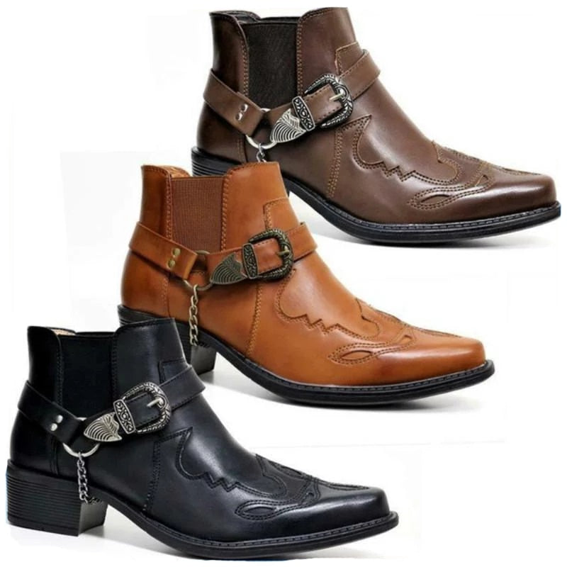Fashion 2022 Men's Vintage Cowboy Boots Leather High Top Chain Buckle Strap Punk Shoes Pointed Toe Biker Boots Men
