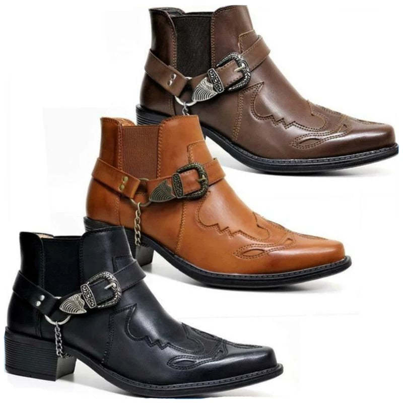 Fashion 2022 Men's Vintage Cowboy Boots Leather High Top Chain Buckle Strap Punk Shoes Pointed Toe Biker Boots Men