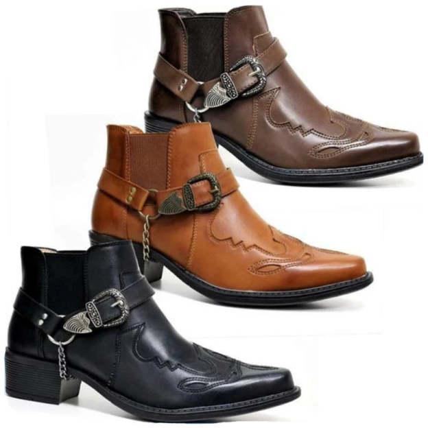 Fashion 2022 Men's Vintage Cowboy Boots Leather High Top Chain Buckle Strap Punk Shoes Pointed Toe Biker Boots Men