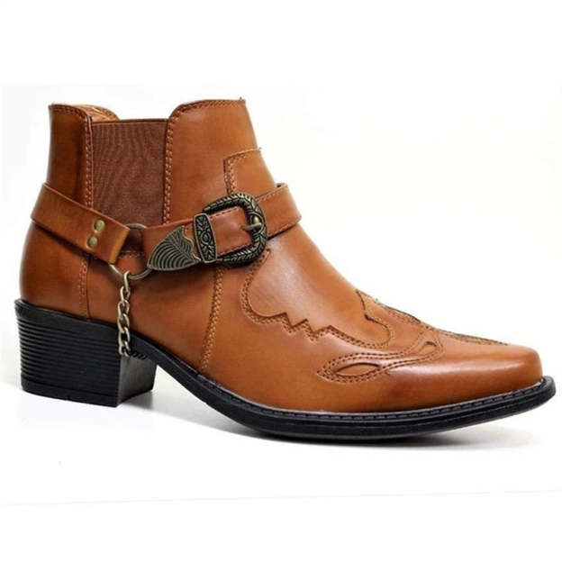 Fashion 2022 Men's Vintage Cowboy Boots Leather High Top Chain Buckle Strap Punk Shoes Pointed Toe Biker Boots Men