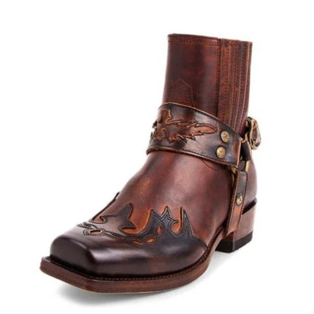 Fashion 2022 Men's Vintage Cowboy Boots Leather High Top Chain Buckle Strap Punk Shoes Pointed Toe Biker Boots Men