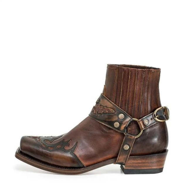 Fashion Men's Vintage Cowboy Boots Leather High Top Chain Buckle Strap Punk Shoes Pointed Toe Biker Men Boots