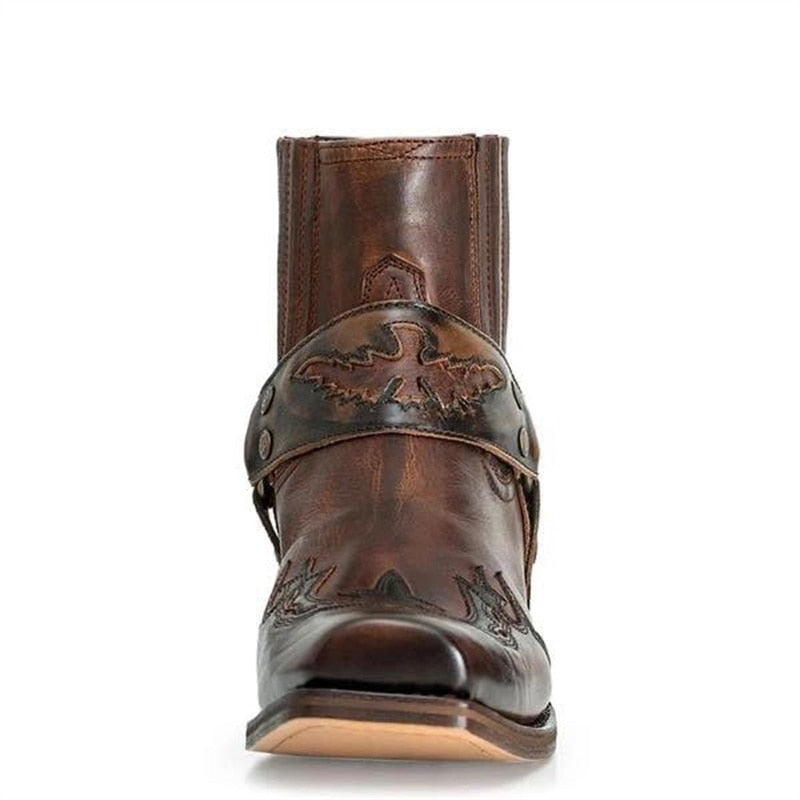Fashion Men's Vintage Cowboy Boots Leather High Top Chain Buckle Strap Punk Shoes Pointed Toe Biker Men Boots