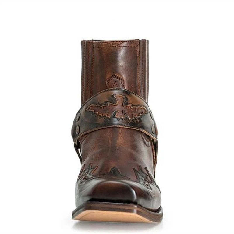 Fashion Men's Vintage Cowboy Boots Leather High Top Chain Buckle Strap Punk Shoes Pointed Toe Biker Men Boots