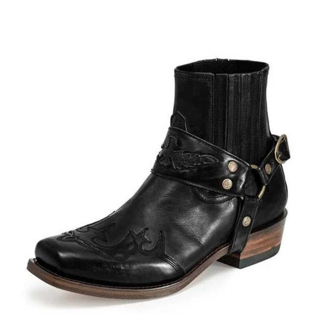Fashion Men's Vintage Cowboy Boots Leather High Top Chain Buckle Strap Punk Shoes Pointed Toe Biker Men Boots
