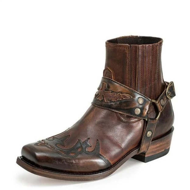 Fashion Men's Vintage Cowboy Boots Leather High Top Chain Buckle Strap Punk Shoes Pointed Toe Biker Men Boots