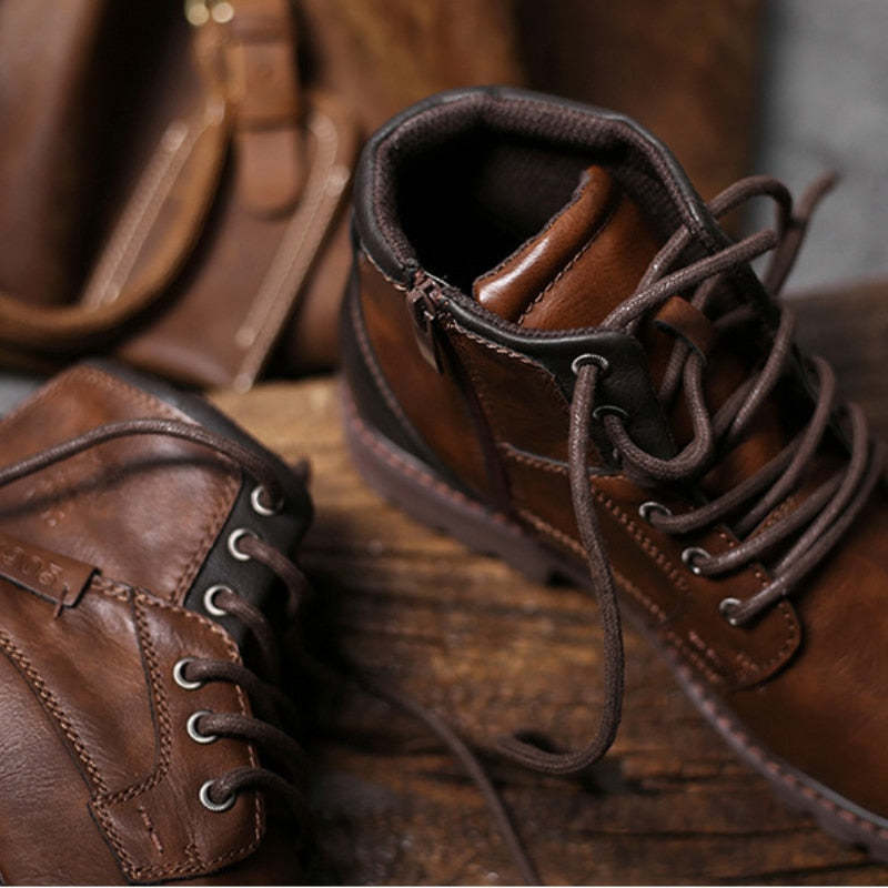 Genuine Leather Men's Boots Ankle Boots Plus Size High Top shoes Outdoor Work Casual Shoes Motorcycle Military Combat Boots