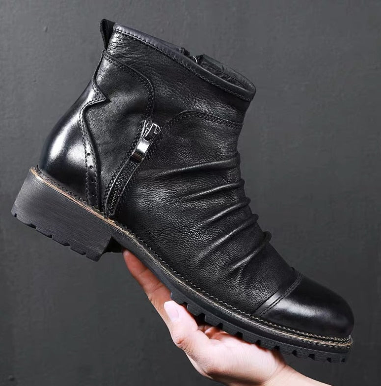 Genuine Leather Men's Boots Ankle Boots Plus Size High Top shoes Outdoor Work Casual Shoes Motorcycle Military Combat Boots