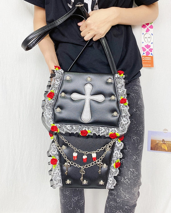 Goth Style Women Shoulder Bag Fashion Coffin Shape Skull Rivets Purses and Handbags for Girls Female Flower Lace Crosbody Bag