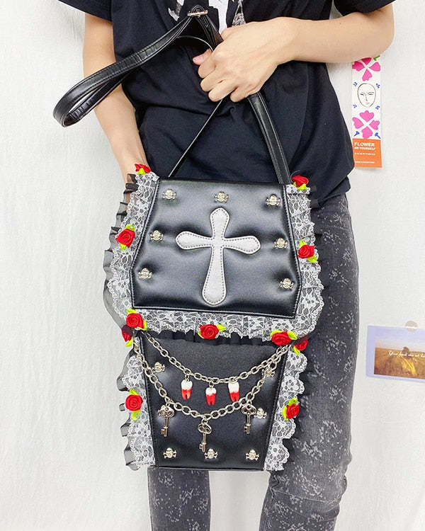 Goth Style Women Shoulder Bag Fashion Coffin Shape Skull Rivets Purses and Handbags for Girls Female Flower Lace Crosbody Bag