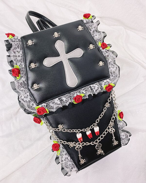 Goth Style Women Shoulder Bag Fashion Coffin Shape Skull Rivets Purses and Handbags for Girls Female Flower Lace Crosbody Bag