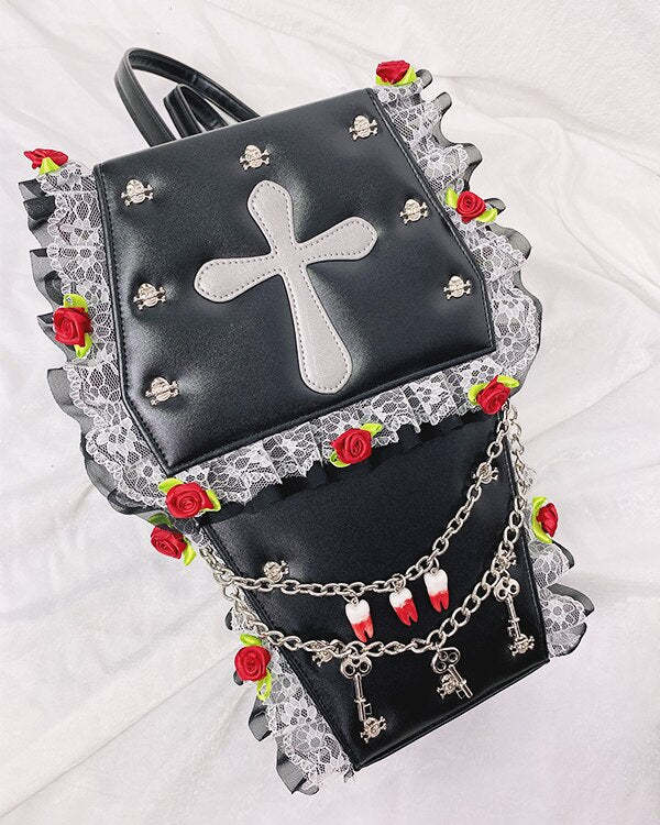Goth Style Women Shoulder Bag Fashion Coffin Shape Skull Rivets Purses and Handbags for Girls Female Flower Lace Crosbody Bag