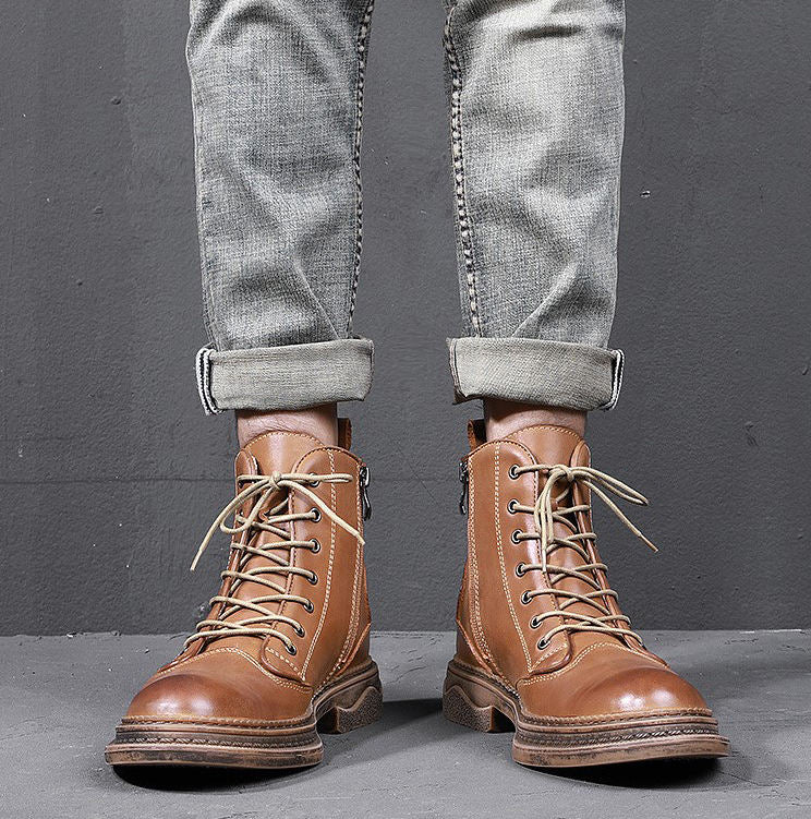 American British Style Classic Cowhide Leather Handmade Men Work Boots Breathable Leather for Men Retro Knight Boots