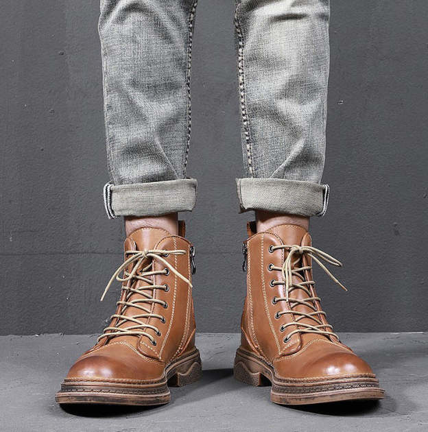 American British Style Classic Cowhide Leather Handmade Men Work Boots Breathable Leather for Men Retro Knight Boots